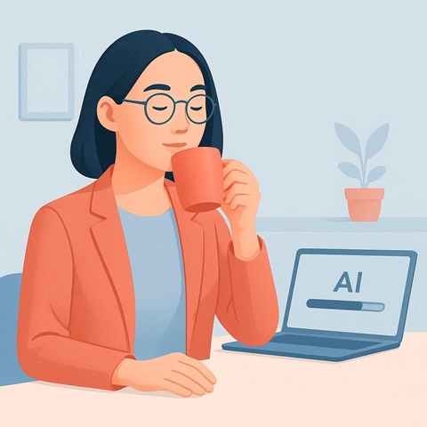 A job seeker sitting back, smiling, and enjoying a cup of coffee while AI is doing the heavy lifting.